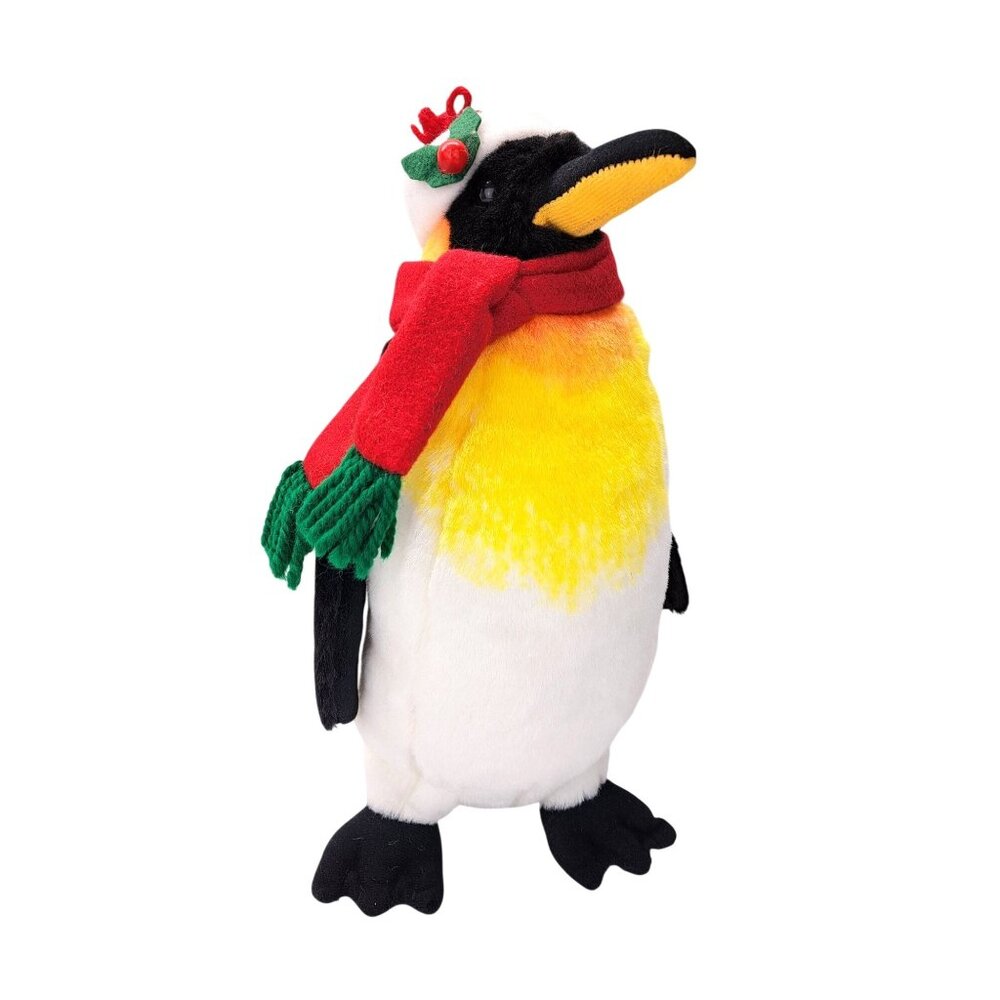 Vintage Christmas Penguin King Plush Toy Scarf Santa Hat Holly 14" Sterling Inc.